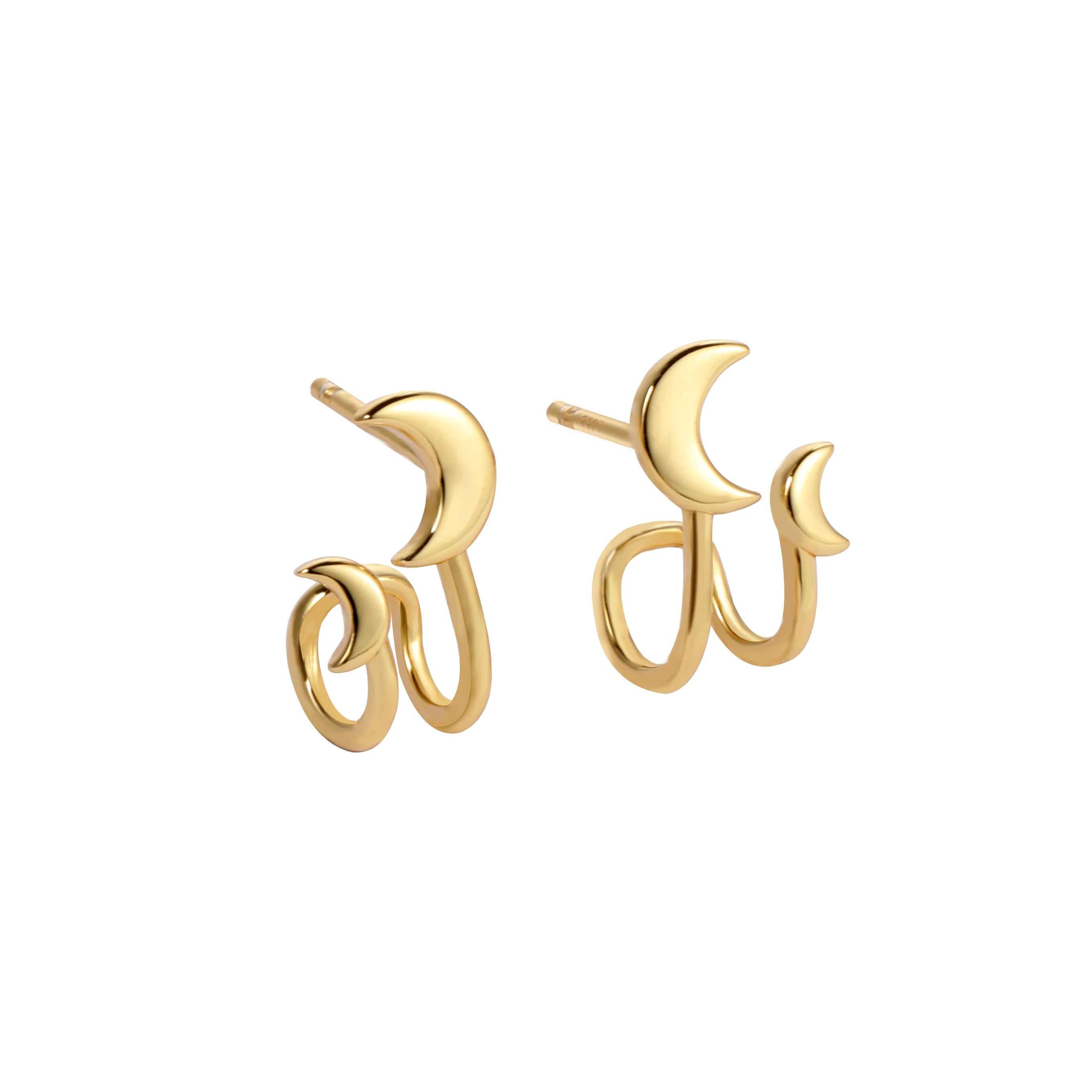 

New Earrings for women 925 Sterling Silver Gold Plated Double Line Stud Cuff Moon Earrings 18K