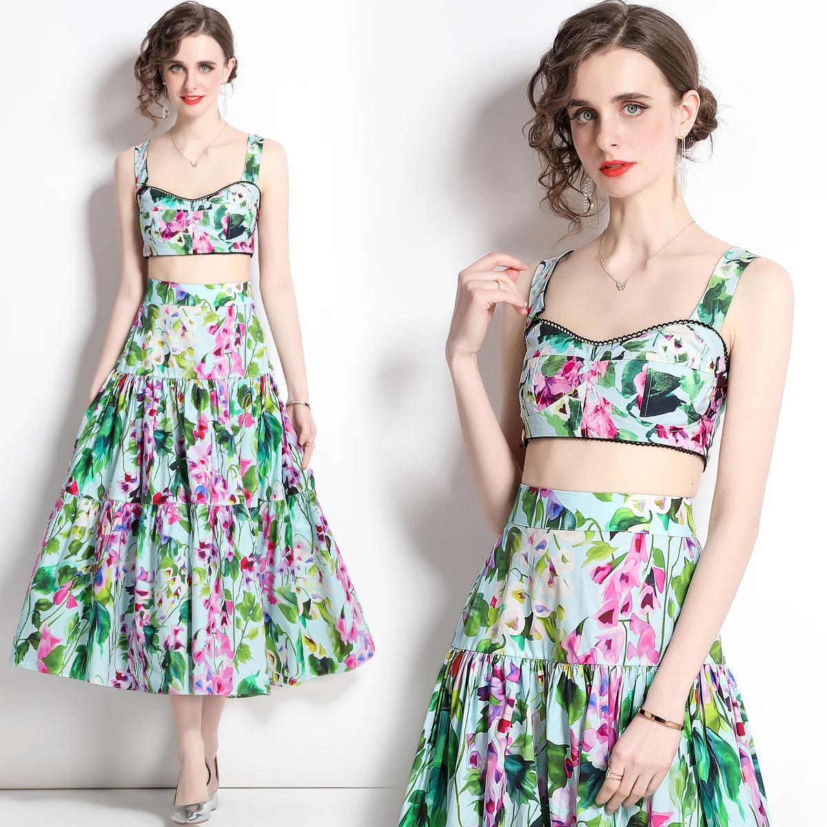 

Floral Print Padded Crop Top and Big Swing Long Skirt Women Summer Set