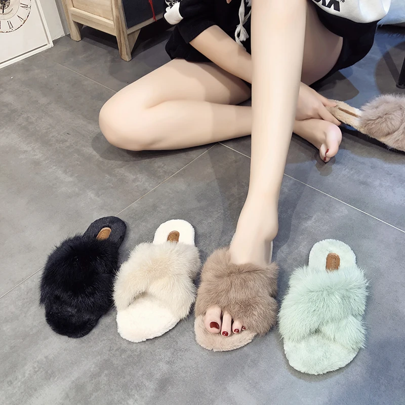 

Women Open Toe Soft Sweet Home Slippers Indoor Fur Warm Winter Flat Home Furry Shoes, 4 colors