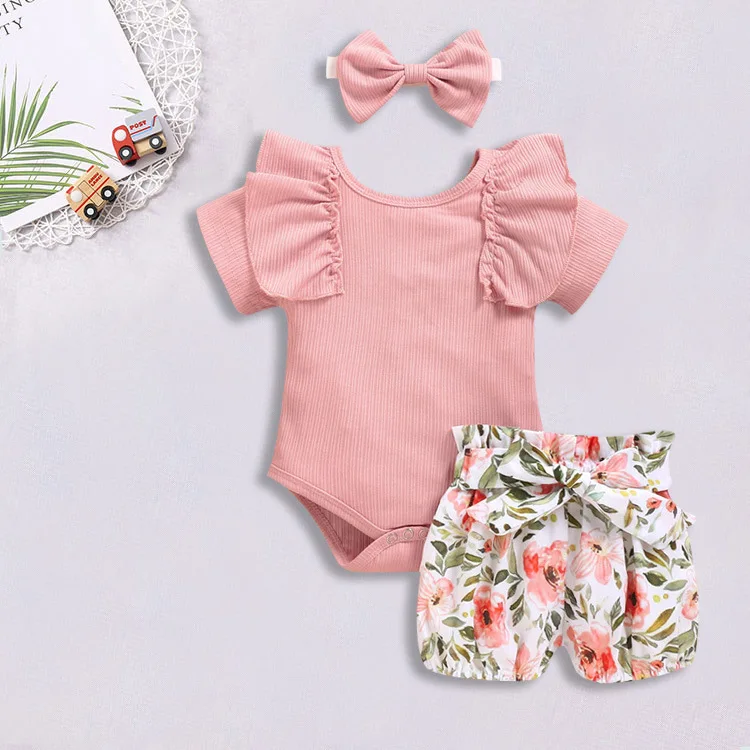 

Girls lotus leaf sleeve baby suit new summer children's wear printed shorts bow 3 piece sets