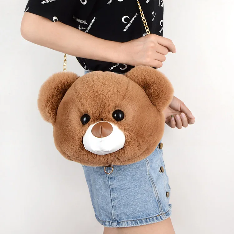 

Shoulder Bag Cartoon Faux Fur Teddy Bear Head Handbag Cute Toy Bag for Girl Kid, Black, red, grey, pink, etc. customization