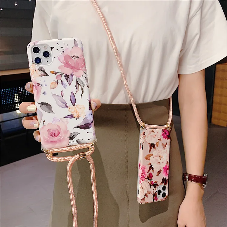 

flowers and leaves mobile phone case with lanyard For iPhone 11 11 Pro Max XR XS Max X 8 7 6 6S Plus Soft IMD Back Cover