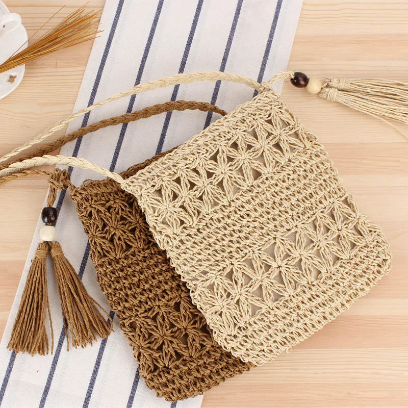 

Shoulder Purse Handbags Straw Crossbody Bucket Weave Straw Bags Women's Summer Beach Soft Bag Tassel Bag Geometric 2 Colors 3pcs