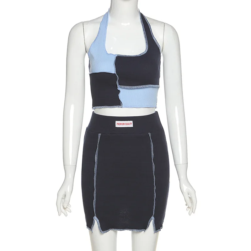 

2020 new arrivals summer collection women ribbed two pieces skirt sets