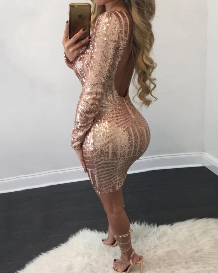 

Cheap Long Sleeve Elegant Dress Women Stripes Gold Sequin Backless Sexy Party Mini Dresses