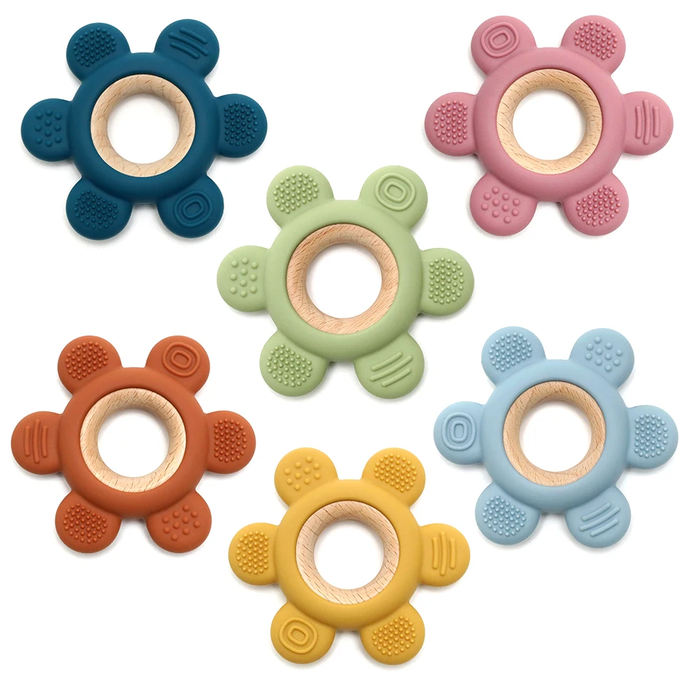 

Kids teether christmas Bpa free cactus hand non-toxic wooden beads ring flower rudder chew silicone baby teethers