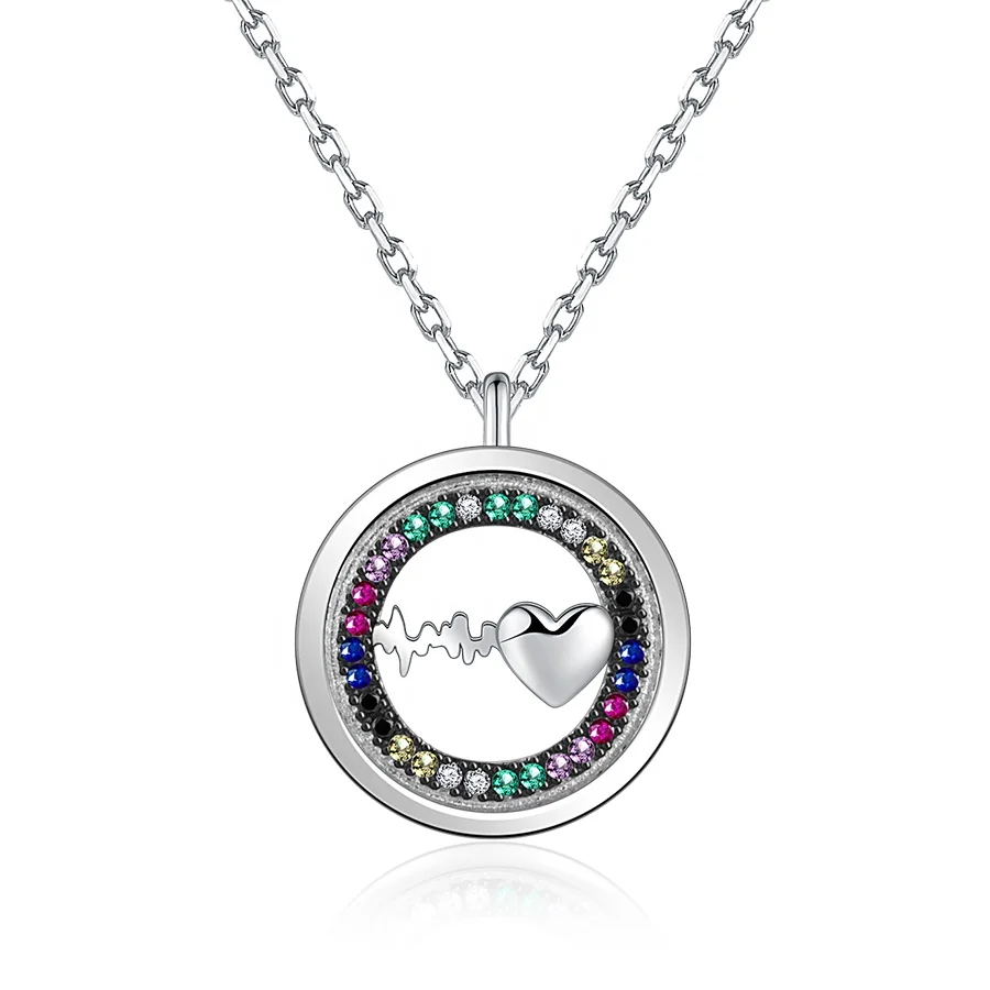 

925 Sterling Silver Electrocardiogram Lifeline Pulse Heartbeat Necklace, Circle with Heart Pendant Necklaces Anniversary Gift, Silver color