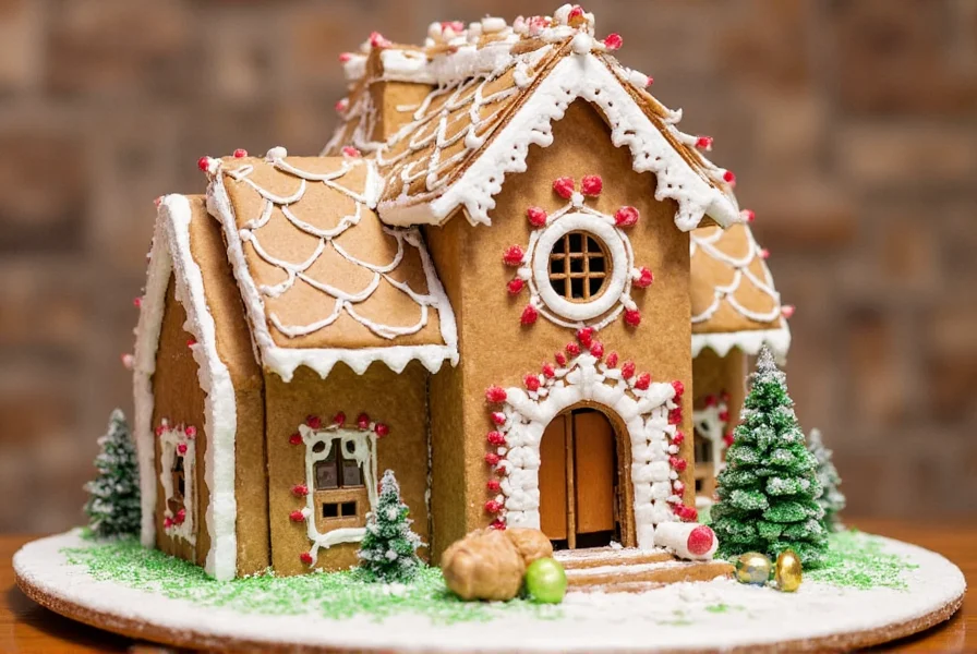Family building gingerbread house together with various candy decorations spread on table
