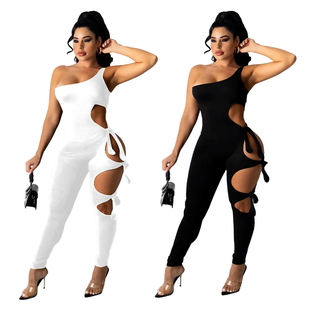 

JH-235 Summer Sexy Women'S Clothing Solid Color One-Shoulder Ripped Lace Jumpsuit