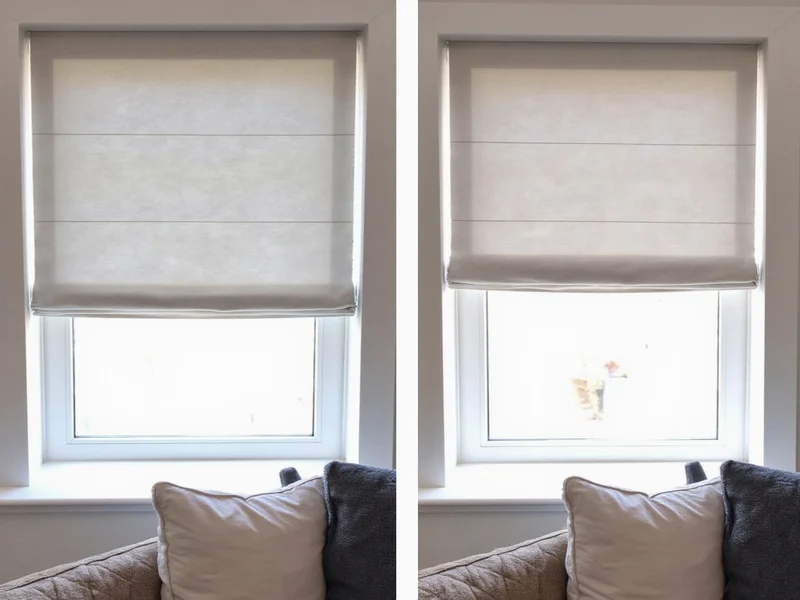 Comparison of DIY roman shade next to store-bought version showing similar appearance