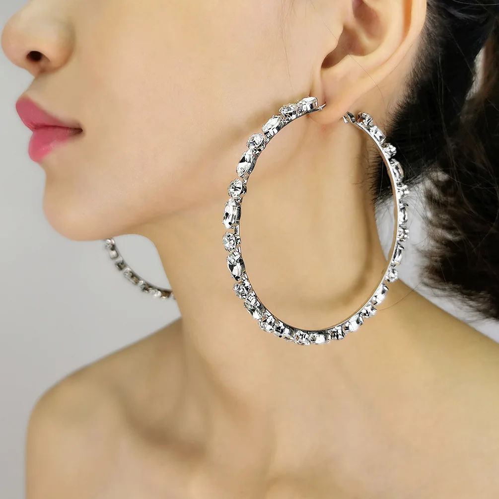 

European Exaggerated Multi Colors Crystal Large Hoop Earrings Sparkling Rhinestone Big Circle Earrings For Women