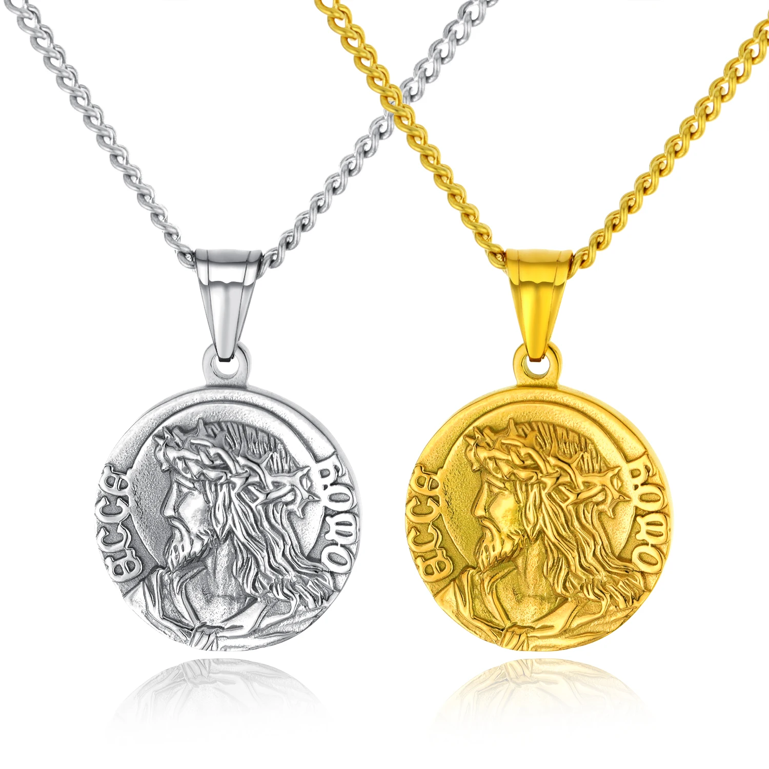 

DK Jesus Bible Verse Gold Coin Necklace for Women Men with 22'' Chain Christian Jewelry Virgin Mary Circle Disc Medal Pendant, Silver, gold