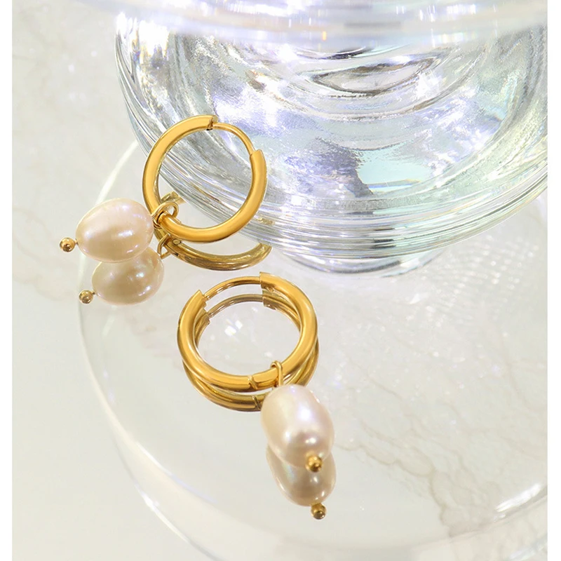 Stainless Steel Circle Natural Freshwater Pearl Earrings 18K Gold Plated Small Hoop Earrings Women Vintage Minimalist Jewelry