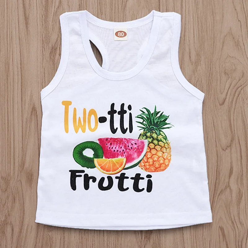 

New Summer Outfits White Fruit Vest Tshirt & Striped Bloomers Shorts & Bow Headband 3pc Set 0-2years