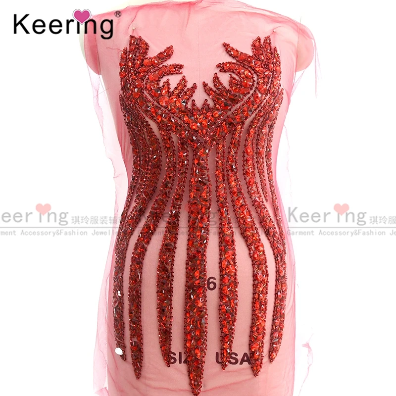 

WDP-109 Keering new arrivals 2021 evening dress red rhinestone bodice applique, Clear stone