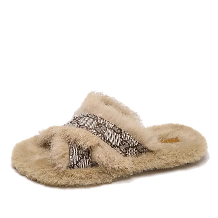 

Luxury and comfort fluffy slippers flat plush faux fur open toe slides, indoor bedroom house women fur slides