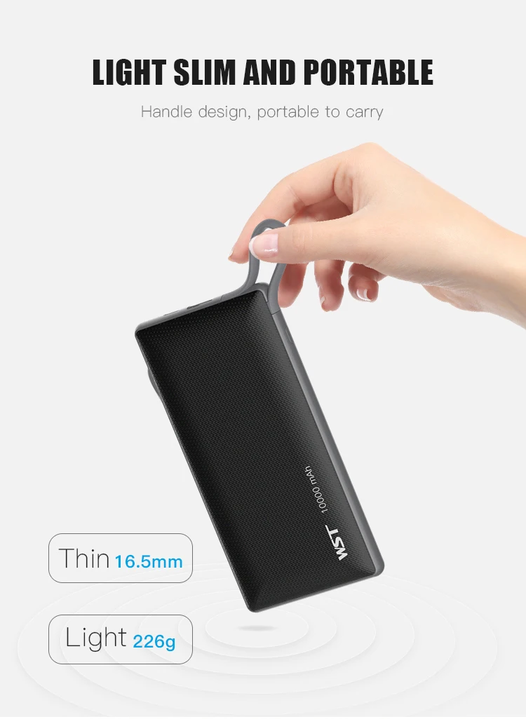 WST Promotional Gift Dual Input Output Power Bank 10000mah Powerbank with Built in Cable