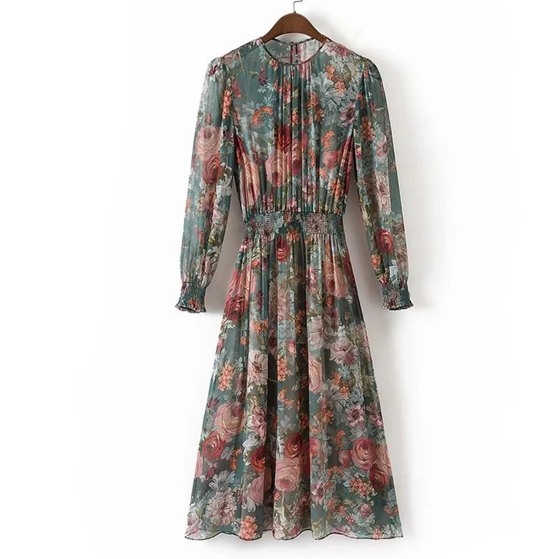 

Autumn Women Vintage Printed Dress Long Sleeve O Neck 2pcs Casual Chiffon Dress European Style Elastic Waist A-line Long Dress