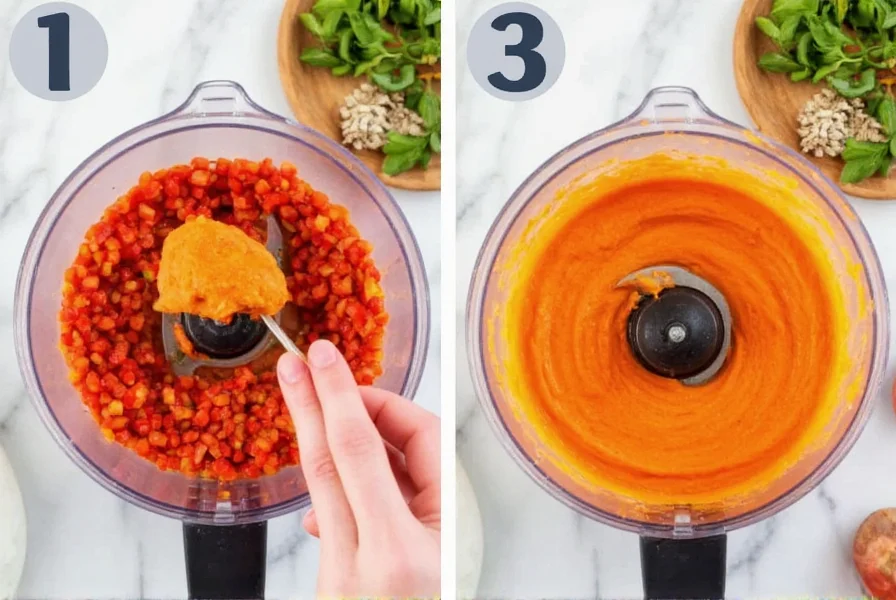 Step-by-step preparation of roasted red pepper hummus in food processor with vibrant orange dip and fresh ingredients