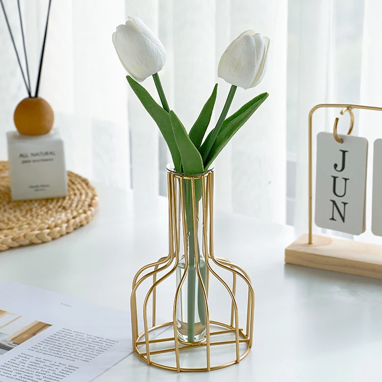 

Amazon Hot Sale Metal Frame Wrought Iron Flower Glass Vase Decoratieve Metal Wire Flower Vase