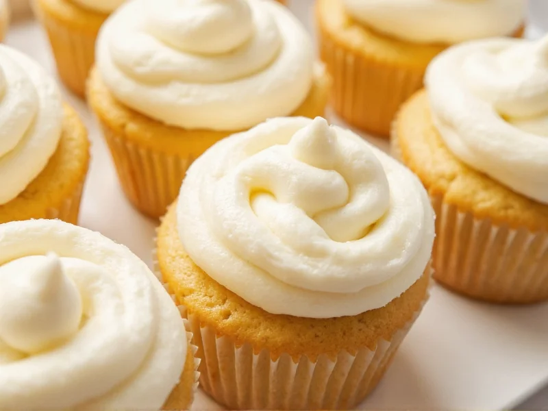 Close-up of smooth vanilla frosting swirls on cupcakes