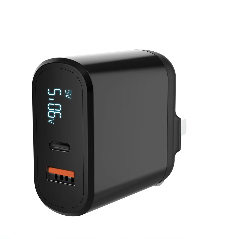

ADYSS Custom Mobile 2ports Type C Qc3.0 Pd Fast Wall Charger Foldable Digital Display Micro Usb Charger Plug Eu Us Uk for Phone, Black white