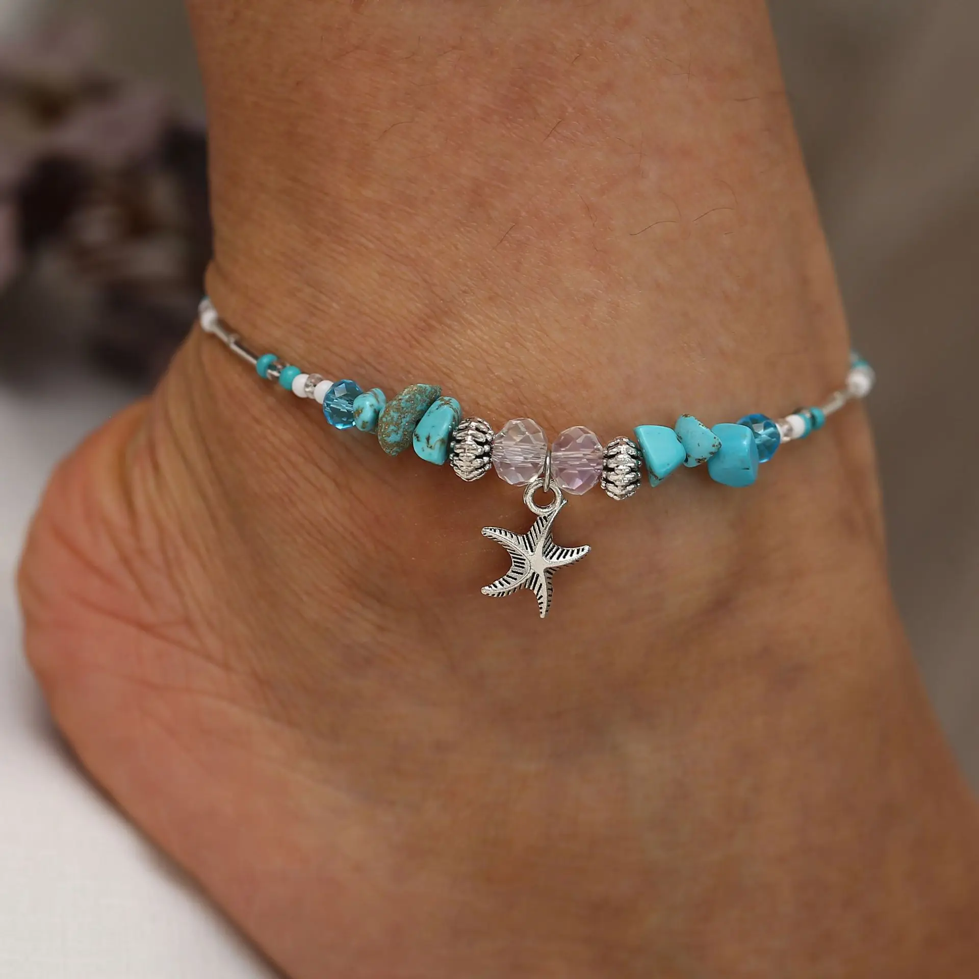 

Vintage Turquoise Beach Pendant Starfish Pearl Anklet Bracelet 1815