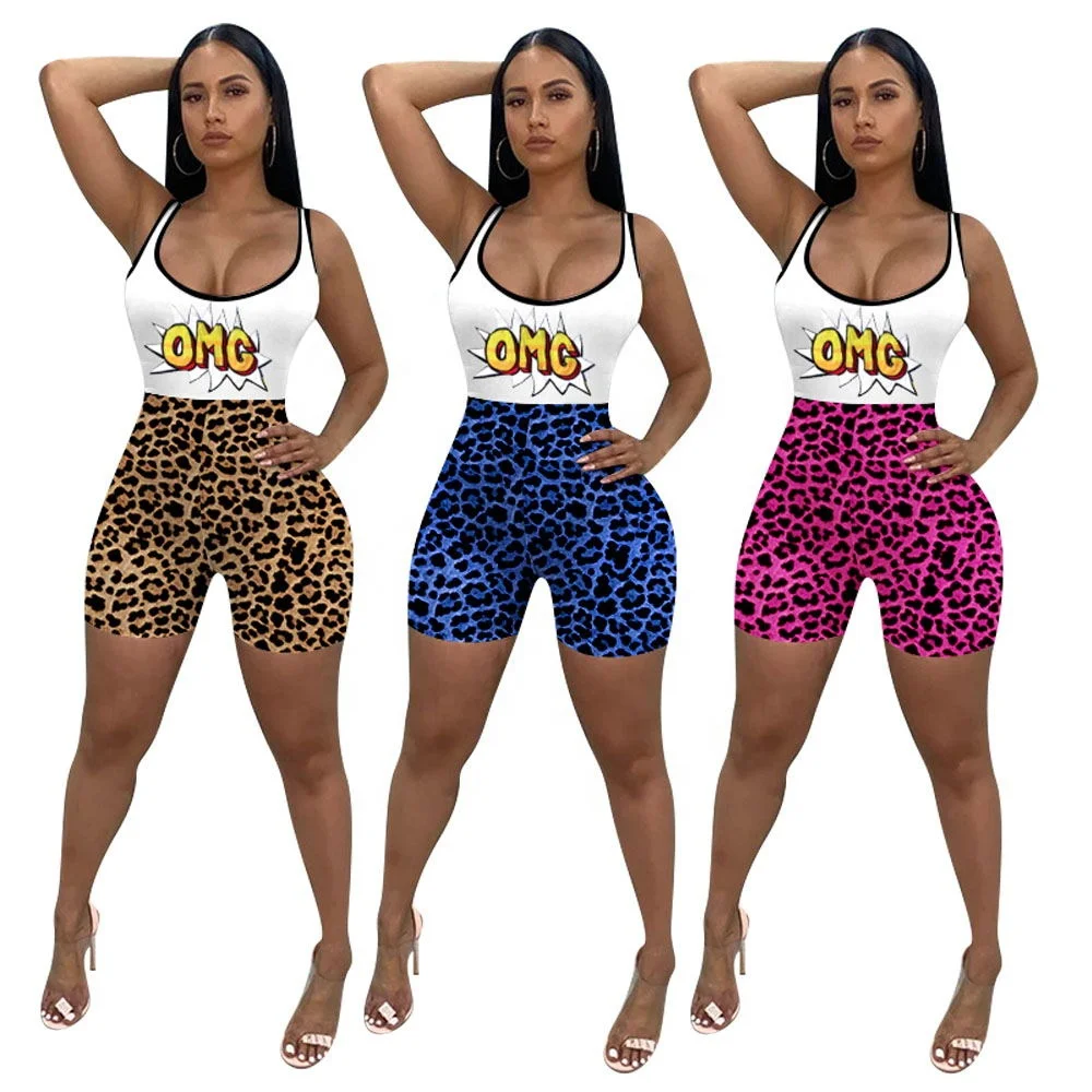

Leopard Patchwork Bodysuit Fitness Shorts Romper for Women, Brown,blue,rose