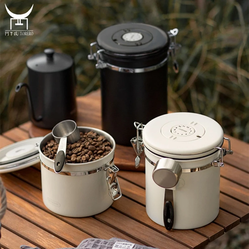 

304 Stainless steel coffee bean capsules canister airtight tea sugar canister set with scoop coffee valve jar storage container