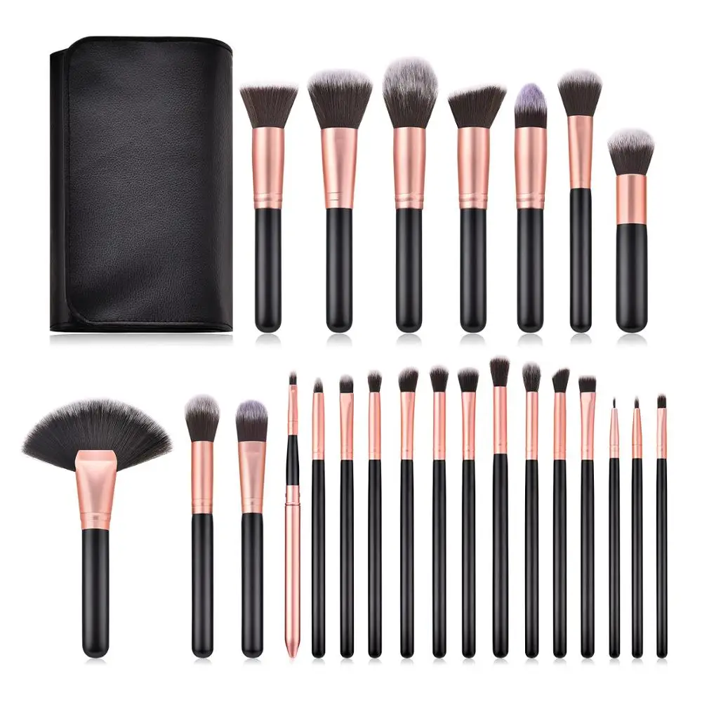 

24pcs makeup brush set luxury Synthetic hair wood fan foundation eyeshadow brushes makeup cosmetic with makeup brush bag, Black+champagne gold