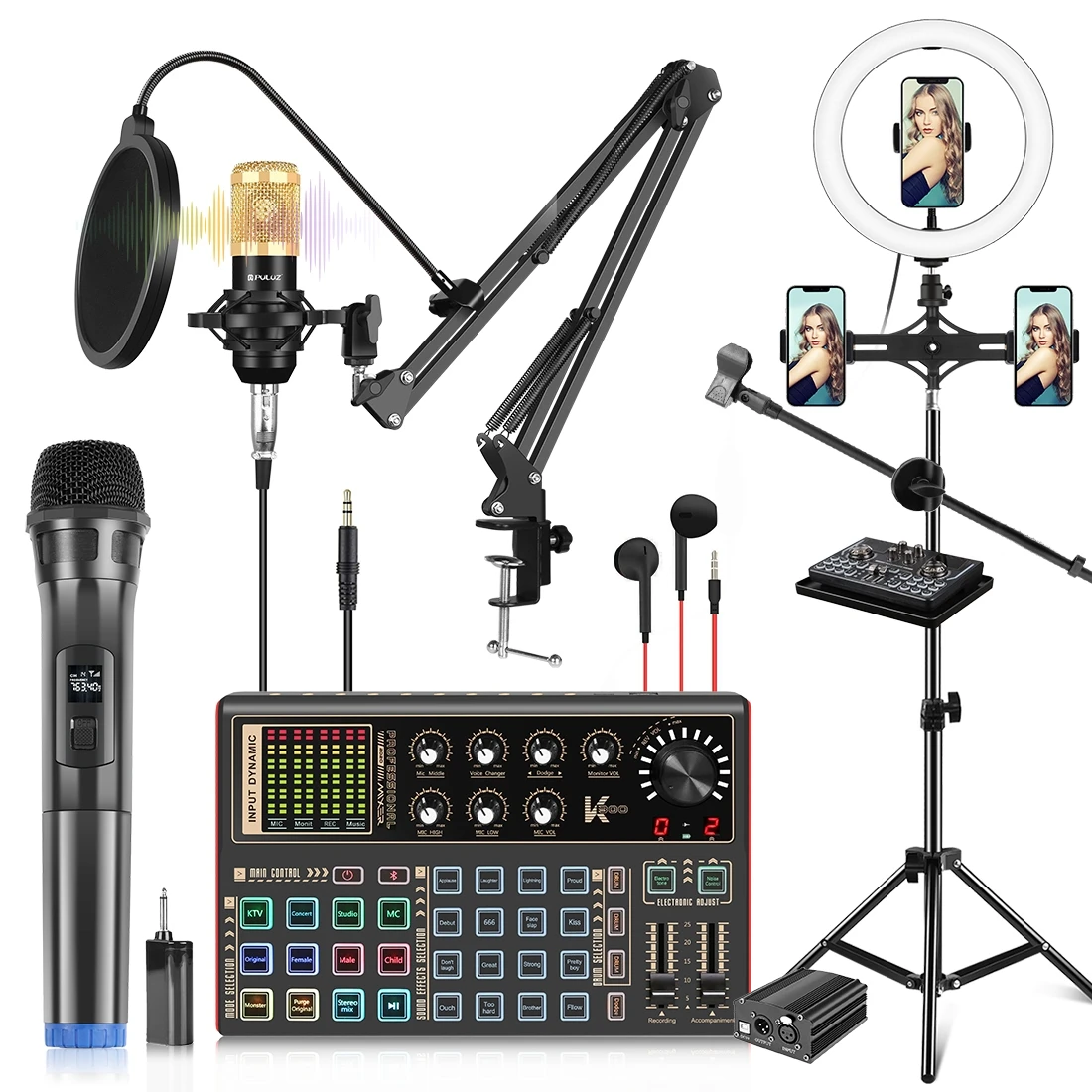 

PULUZ Professional Microphone Live Sound Card Kit with Phantom Power and 1.6m Stand Selfie Ring Light Usb Live Sound Card