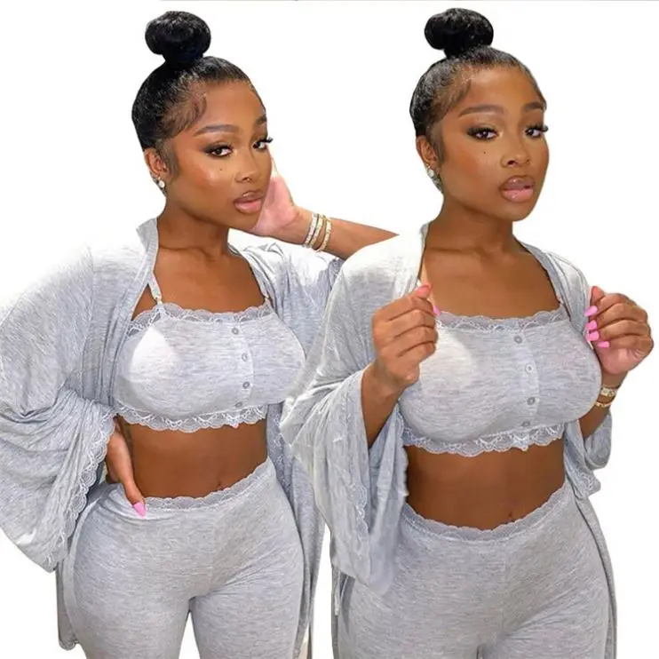 

New Arrivals High Quality Women Fashion Clothing 2021 Spring 3 Piece Set Women Crop Top Long Coat Three Piece Set