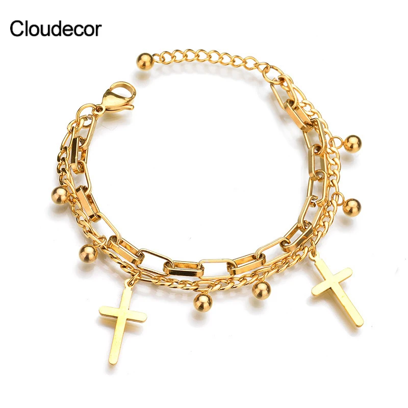 

Cross Titanium Steel Bracelet Gold Plated 18k Womens Stylish Cross Bracelet Jewelry Double Chain Paperclip Bracelet Cross Charm, Steel/gold/rose gold