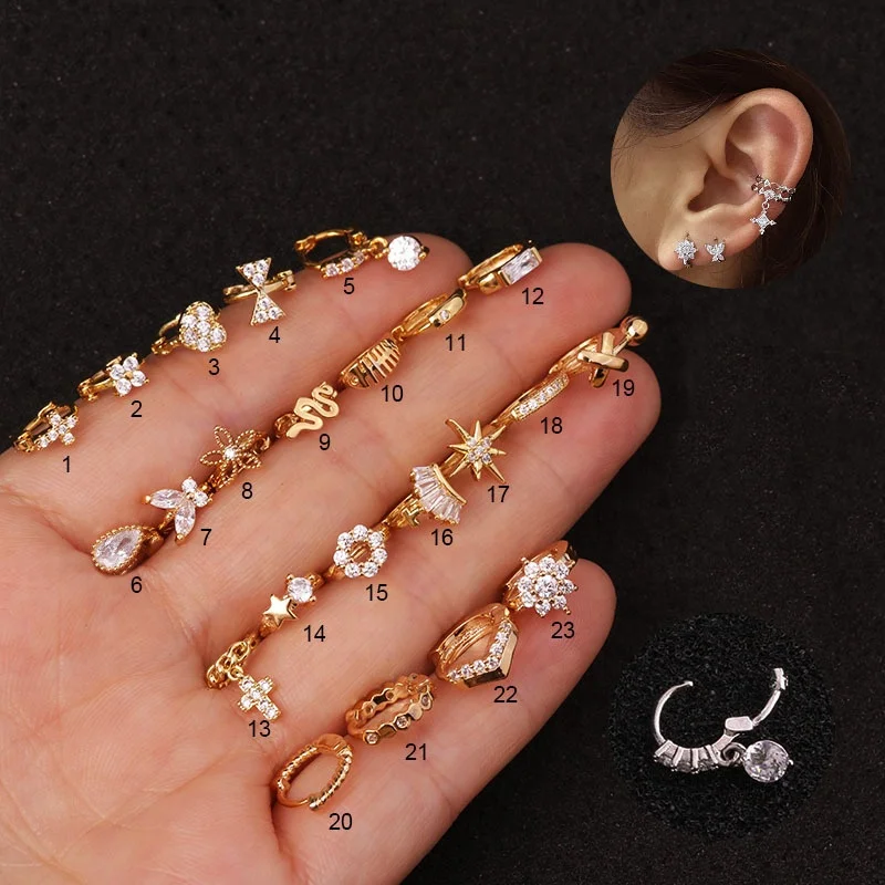 

Gold Silver CZ Round Cross Heart Flower Bow Helix Cartilage Hoop Small Earring Women's Earring Studs Piercing Jewelry, 2 colors