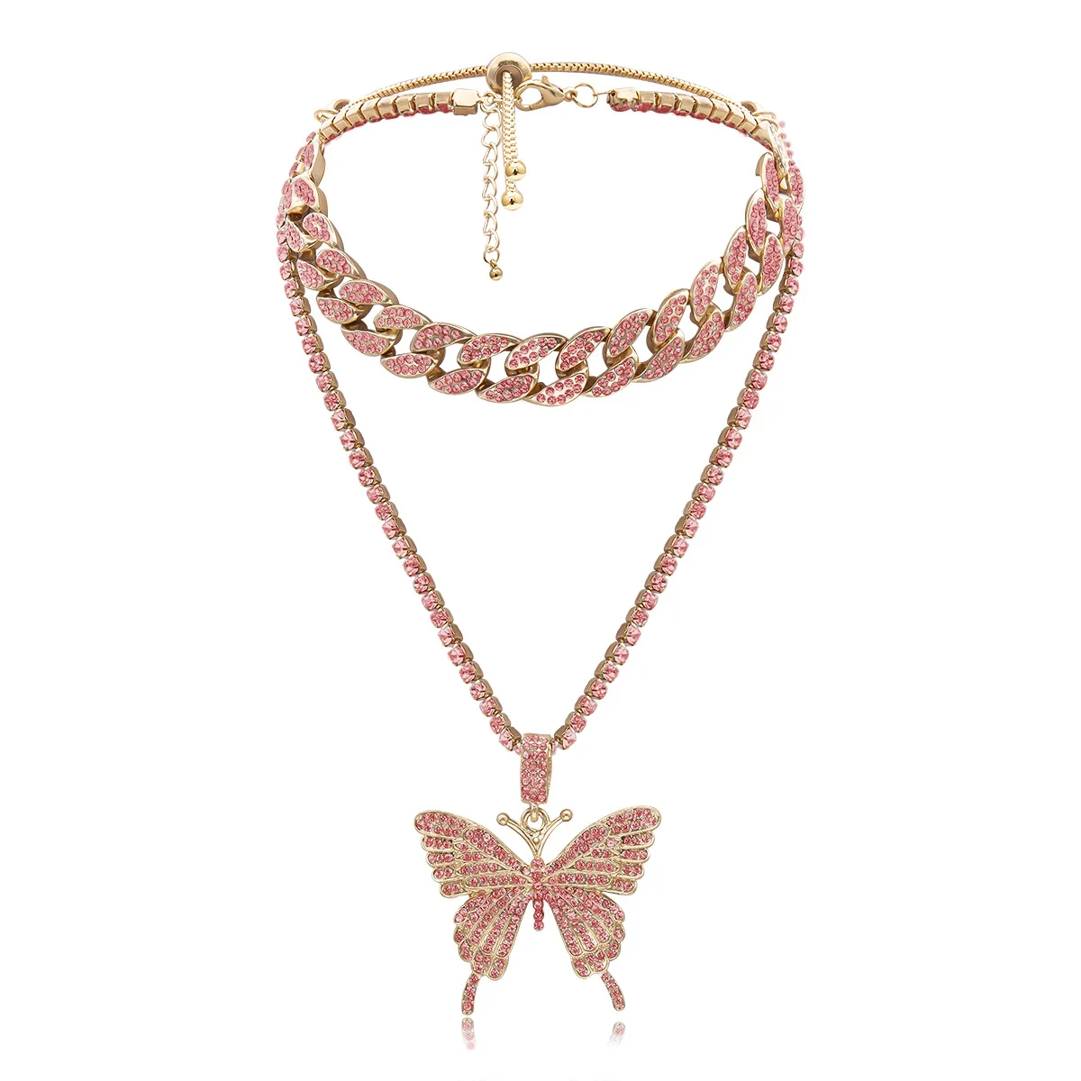 

In Stock Fashion Jewelry Gold Plated Bling Hip Hop Cuban Link Chain Choker Necklace Butterfly Pendant Necklace with Rhinestone, Gold sliver rose gold black gun