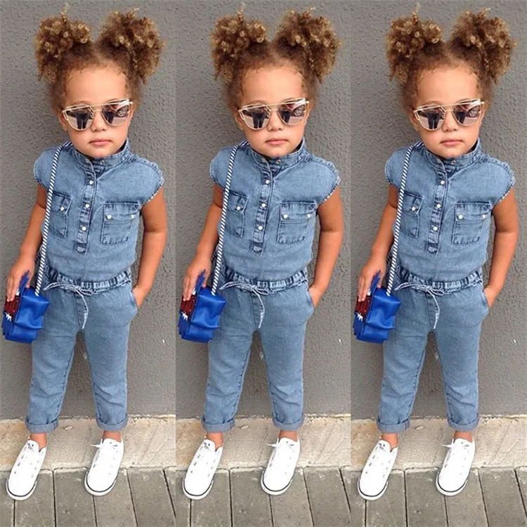 

Fall Girls Bodysuit Short Sleeve Denim Jumpsuits Toddler Girl Clothes Fashion Outwear Casual Kids Spring Clothing One-Piece, Sky blue