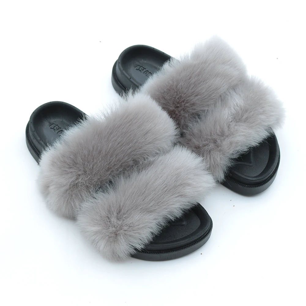 

New Designer Solid Color Fur Slippers Slides 2 Strap Faux Fur Platform Slides