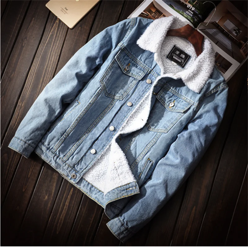

sleeve jacket fur coat blue men women denim jean jacket with fur inside