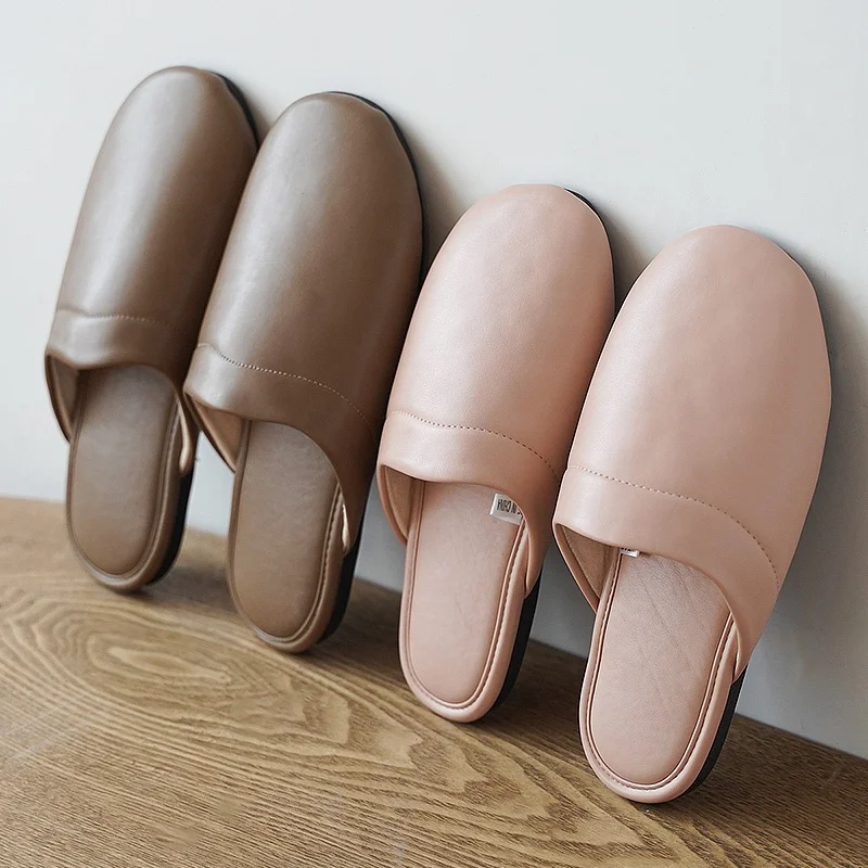 

QEO Custom high quality winter warm soft indoor outdoor leather scuff men women's slippers