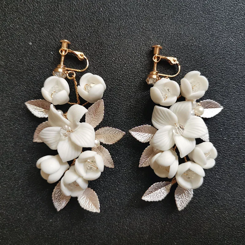 

SLBRIDAL Handmade Rhinestones Crystals Pearl Ceram Flower Bridal Dangle Earring Wedding Chandelier Earring Fashion Women Jewelry