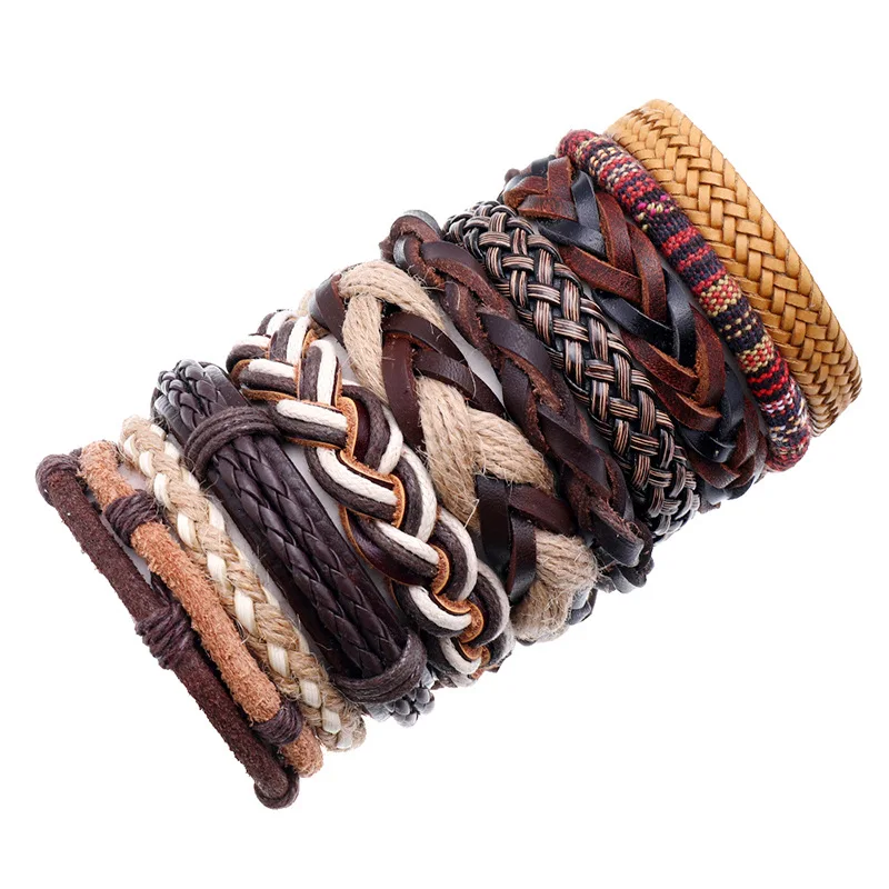 

Hot Selling New Vintage Jewelry Handmade DIY Set Leather Braided Bracelet Wholesale Men Simple Multilayer Bangles, As picture