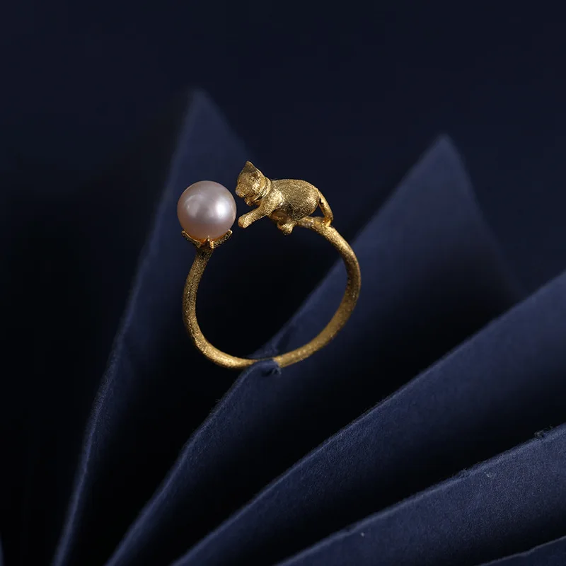

Dylam Animal Freshwater Pearl Rings Women Jewelry Gemstone Adjustable Ring Silver 925 Sterling 18K Gold Plated Open Pearl Ring