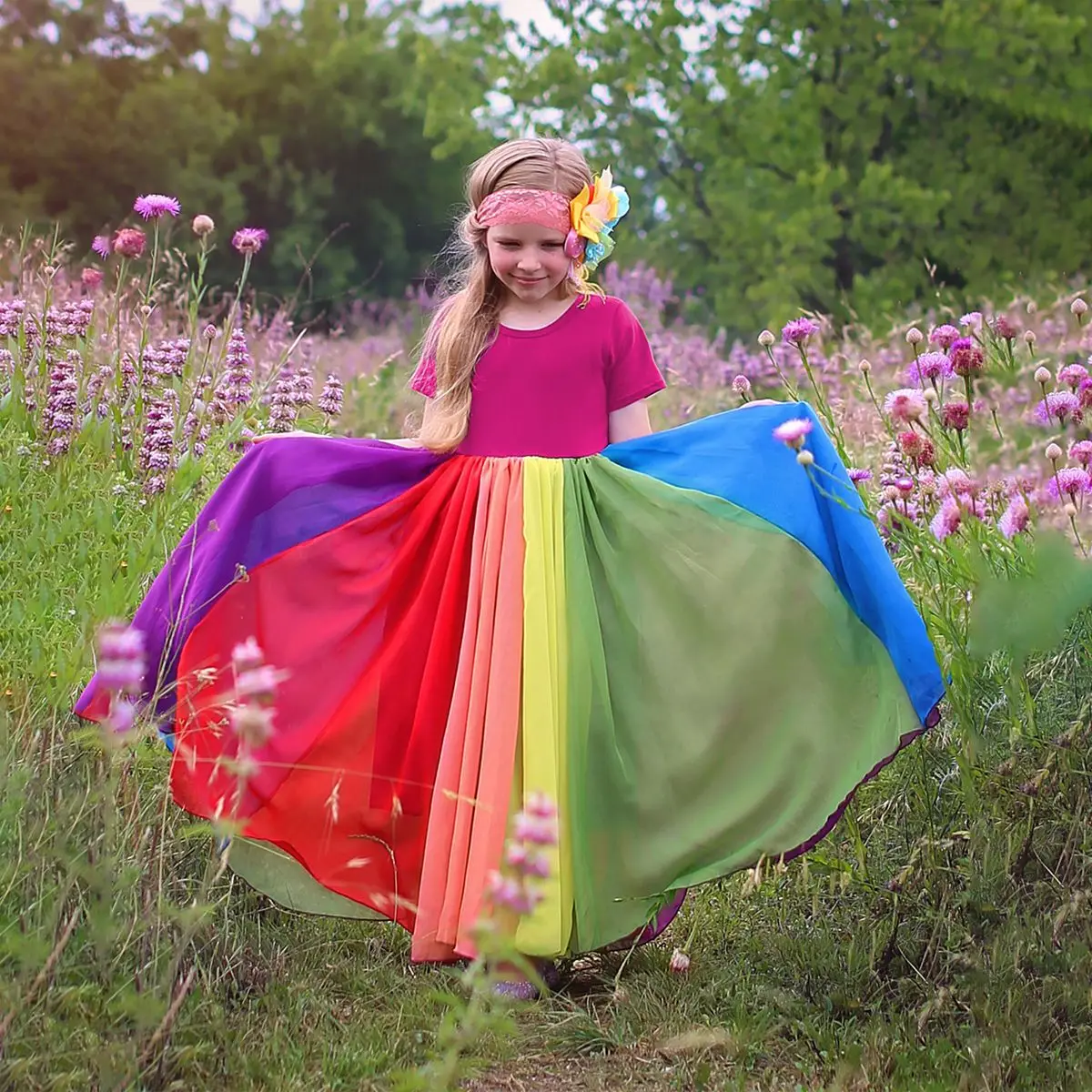 

New the autumn winter children dress long-sleeved round collar color matching rainbow INS princess dress girl dress