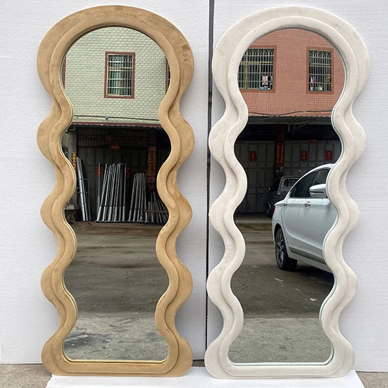 

European Popular Full Size Home Decor Wavy Mirror Design Irregular Solid Wood Framed Large Floor Wave Mirrors