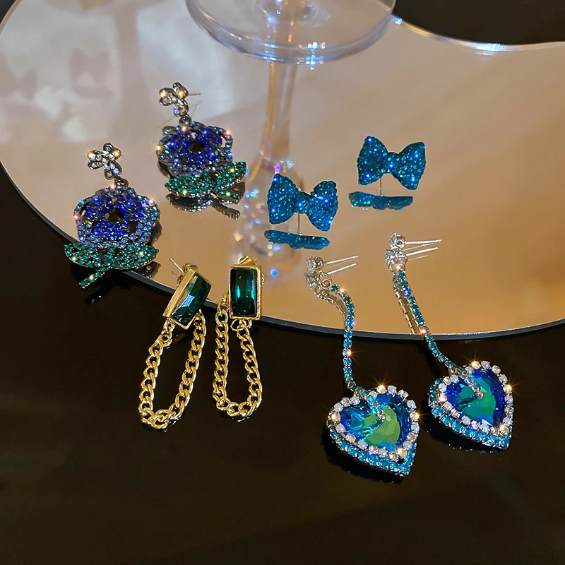

fashion flower heart bow blue crystal drop earrings