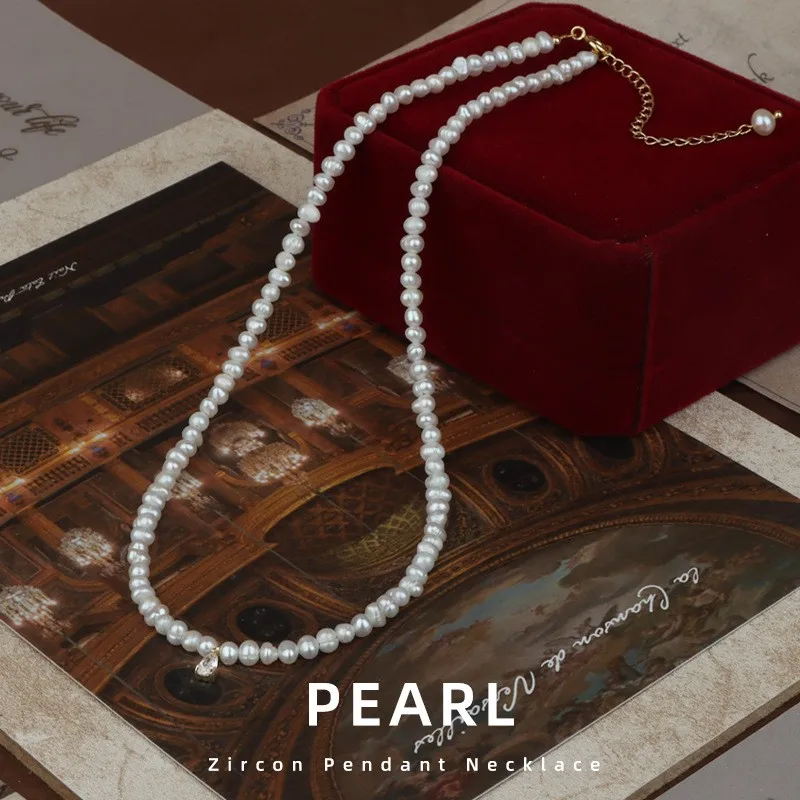 

pearl necklace Water drop zircon simple natural freshwater pearl necklace millet clavicle chain Choker neck chain
