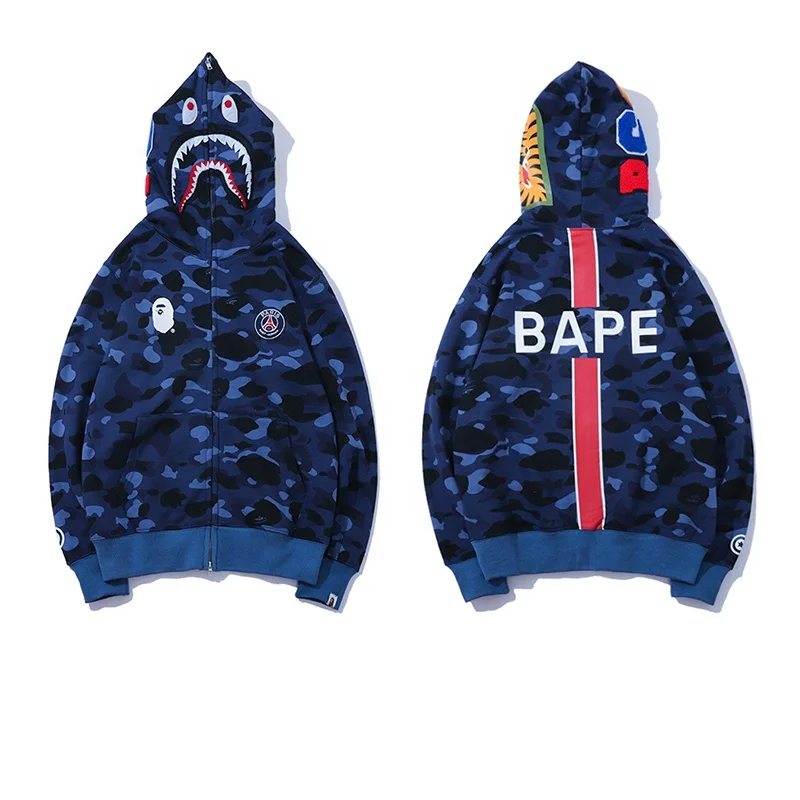 

High-quality fashion trend BAPE X PSG Paris Saint-Germain joint shark head camouflage casual youth student hoodie men's sweater