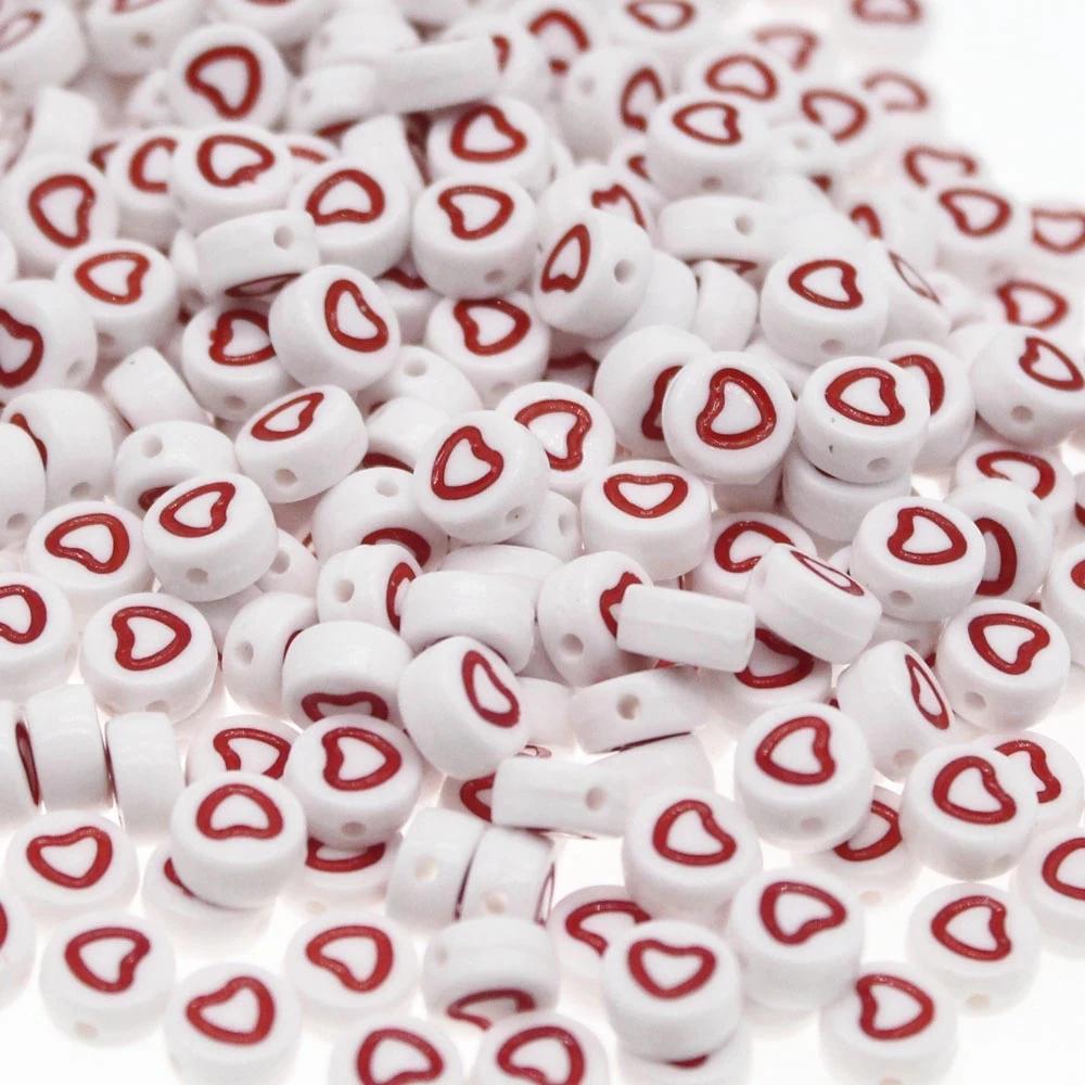 

Fashion 100pcs White 7x4mm Round Flat Red Hearts Pattern Plastic Acrylic Beads for DIY Jewelry