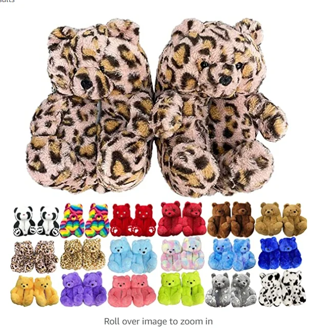 

Newest Designer Unisex winter leopard slipper Rainbow Plush Christmas Limited adult teddy bear slippers for women colo