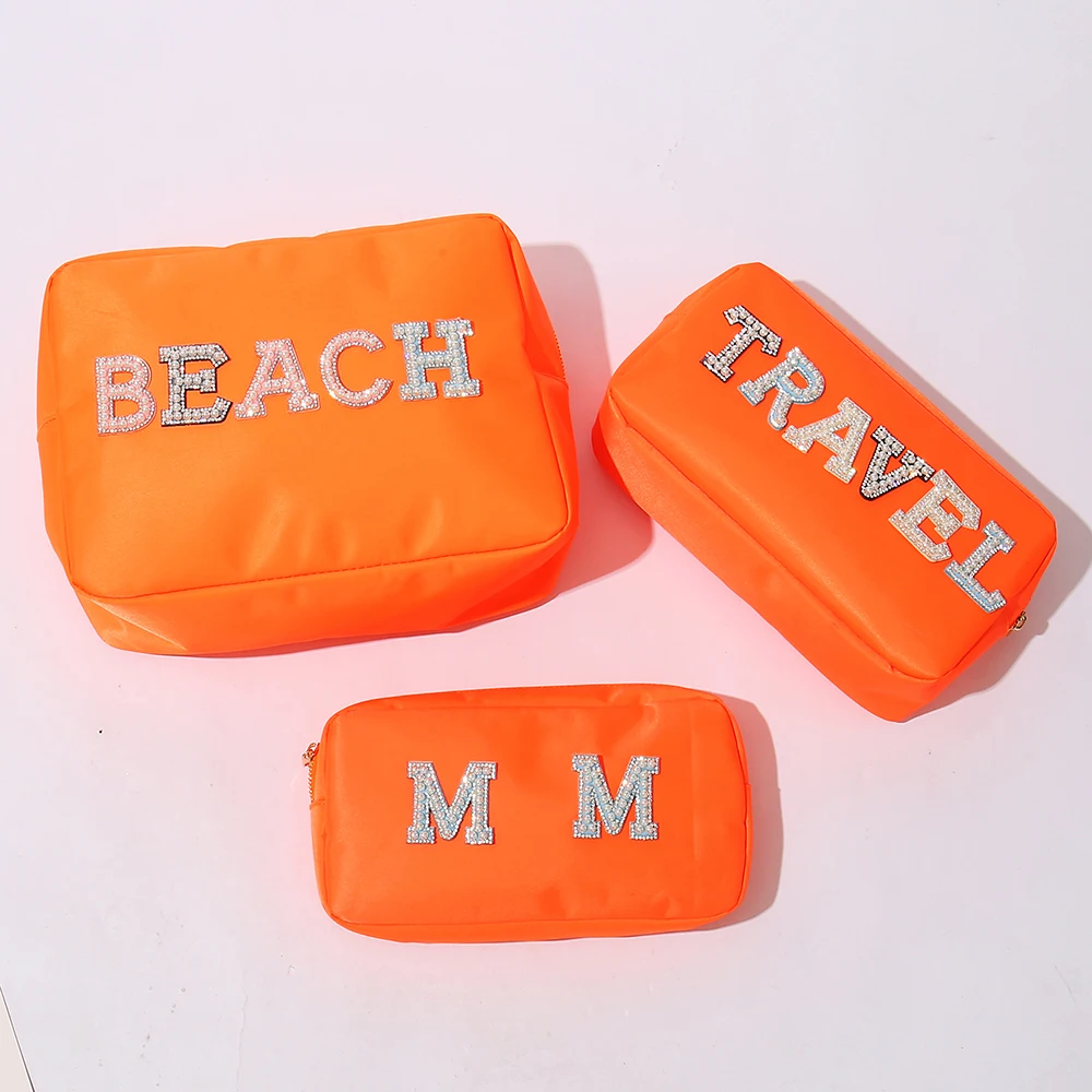 

Stock Neon Orange Nylon S M L XL Size DIY Makeup Bag Zipper Pouch Travel for Women and Girls Large Cosmetic Bag